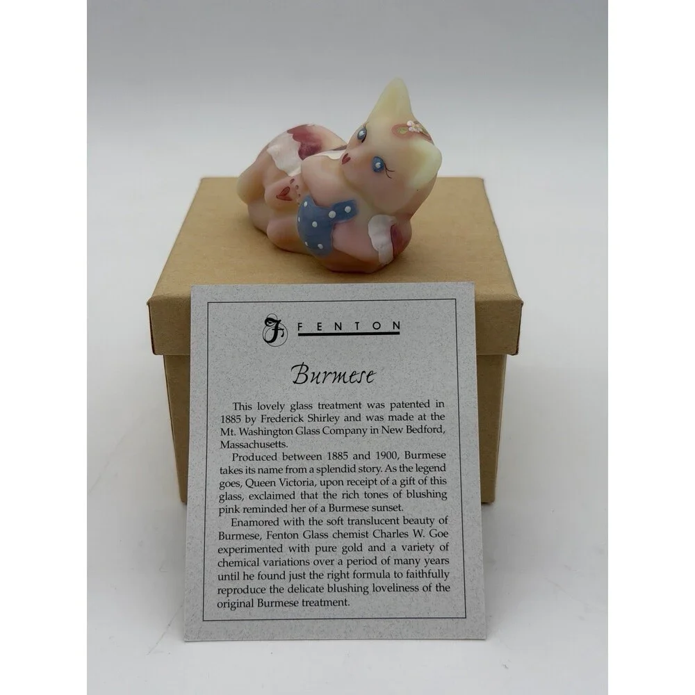 Fenton Art Glass Burmese Kitten Cat W/Ball 100 Years Vtg UV Glow 5044 Figurine